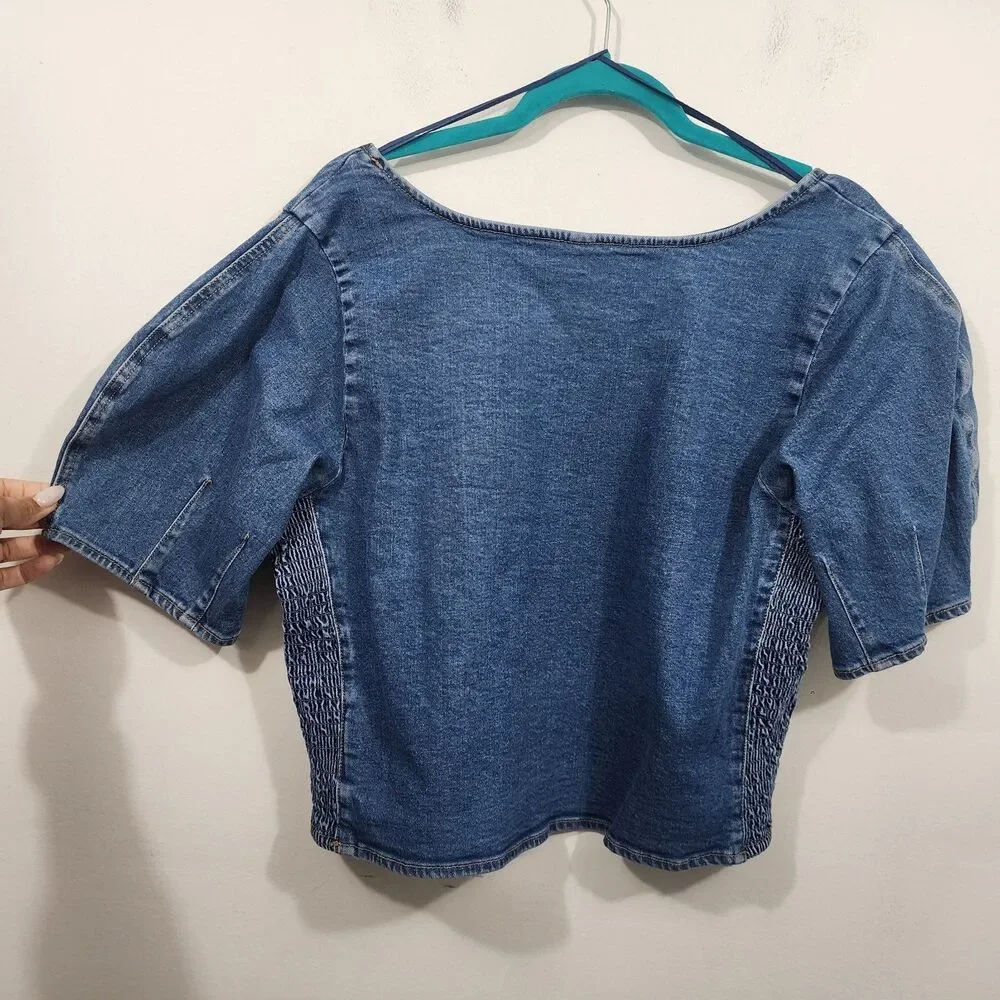 Old Navy Denim Milk Maid Crop Top Blue Square Neck Puff Sleeve Smocked Sides XL